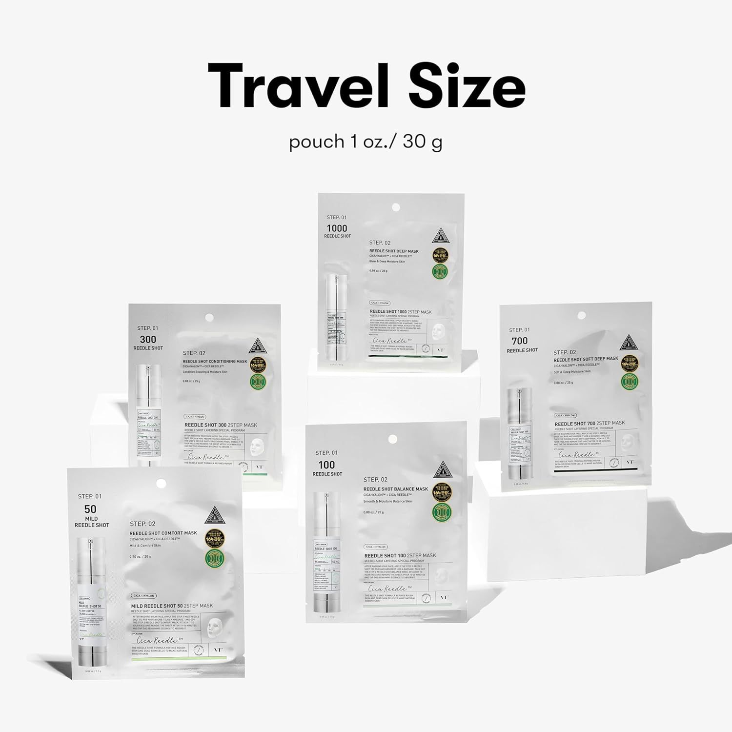 Cinq emballages de masques de différentes tailles. Inscription : Travel Size. Produit : VT COSMETICS Mild Reedle Shot 300 2-Step Mask.