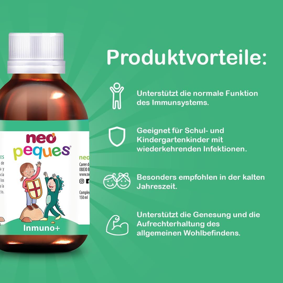 Flacon de sirop Neo Peques Inmuno+. Avantages du produit : soutient le système immunitaire, pour enfants, recommandé en hiver.