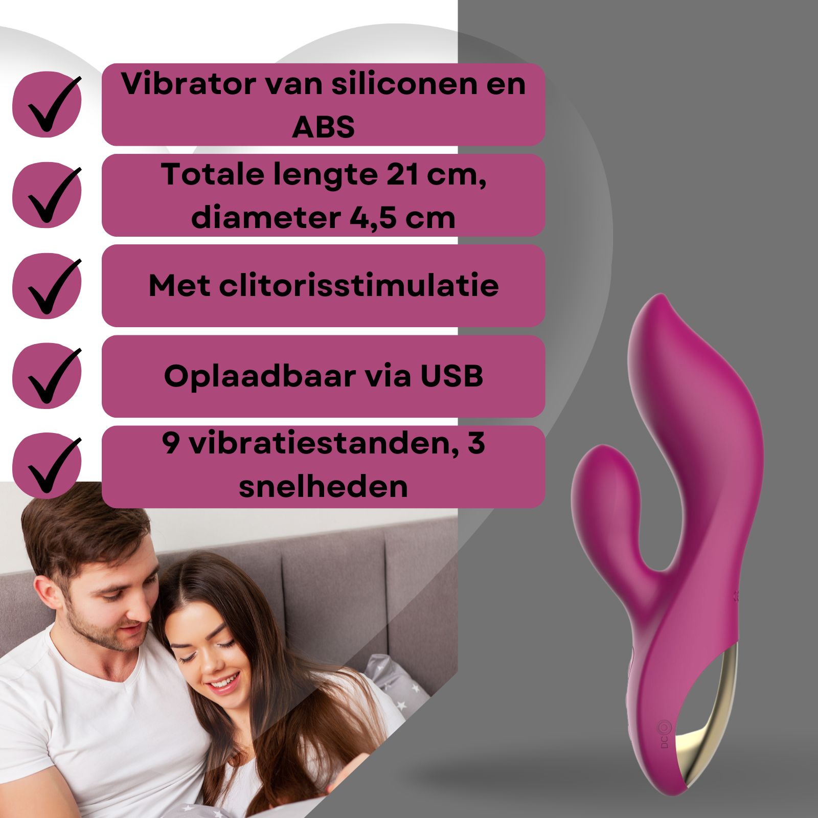 Roze vibrator met clitorisstimulatie. Paar op achtergrond. Op voetstuk. Gouden accent.