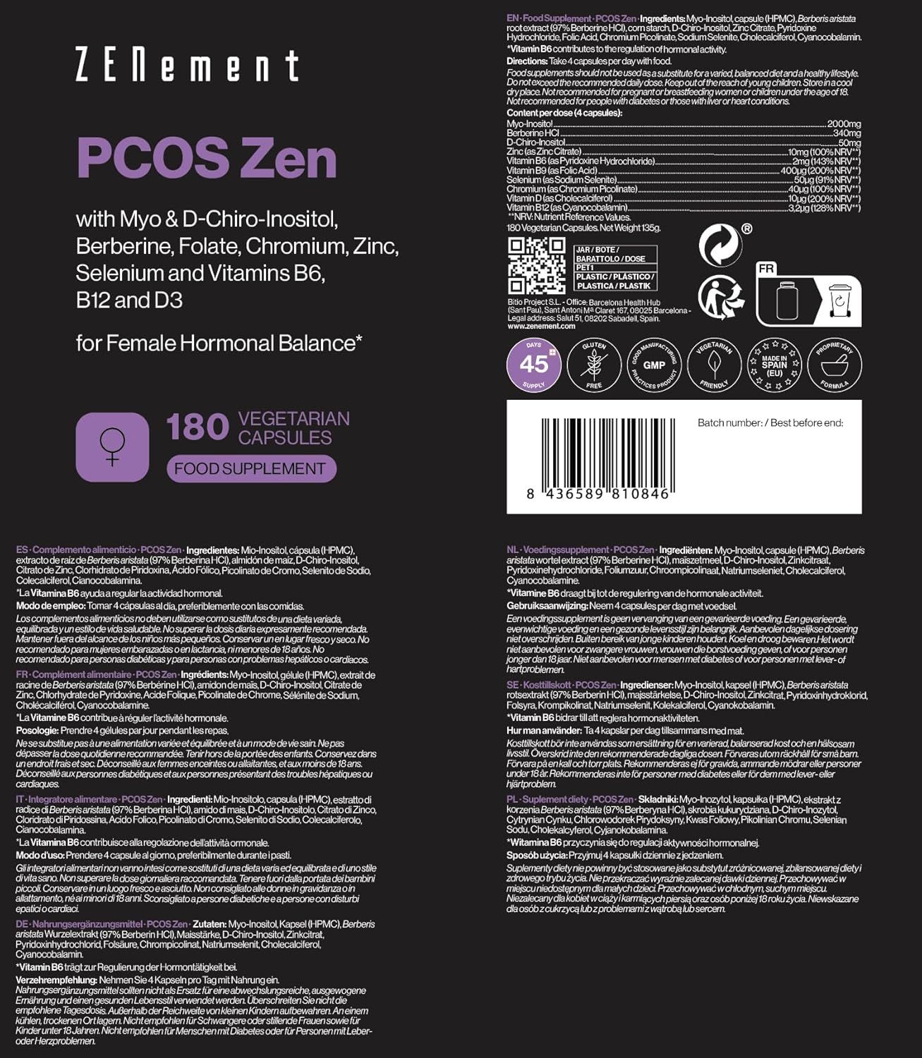 Dos du flacon PCOS Zen. Contient des informations sur les ingrédients, la posologie et les certifications.