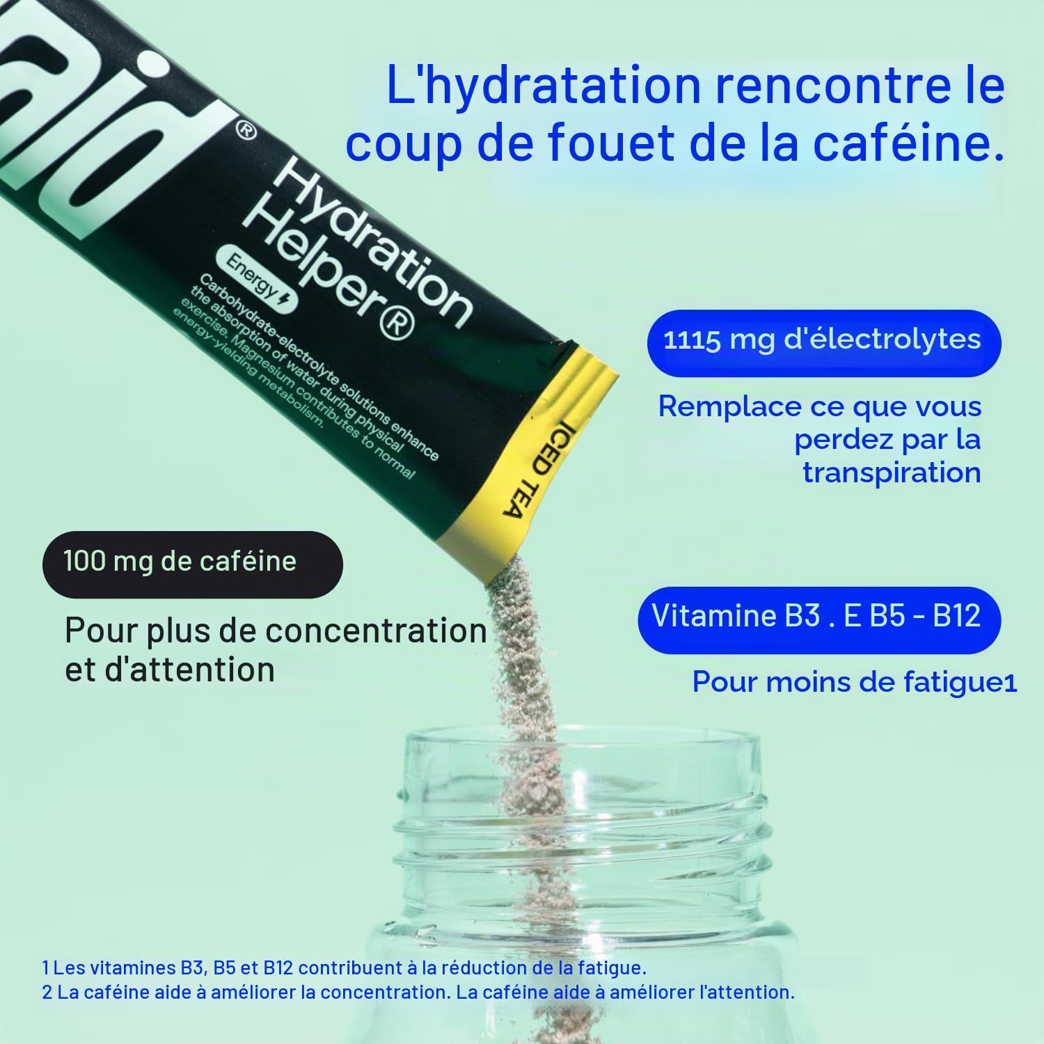 Stick Hydraid Hydration Helper avec électrolytes, caféine et vitamines pour l'énergie.