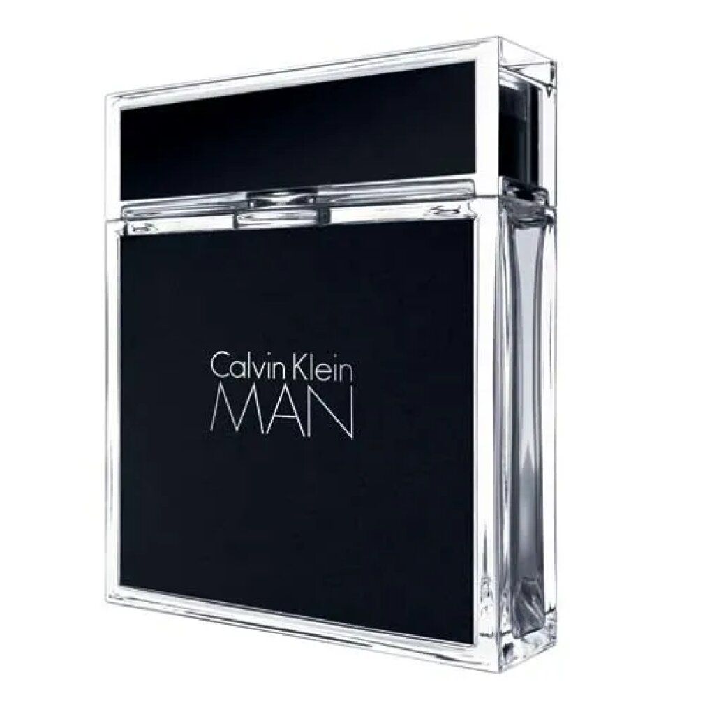 Calvin Klein MAN fles, rechthoekig, transparant met zwarte voorkant. Opschrift MAN en Calvin Klein. Transparante dop.