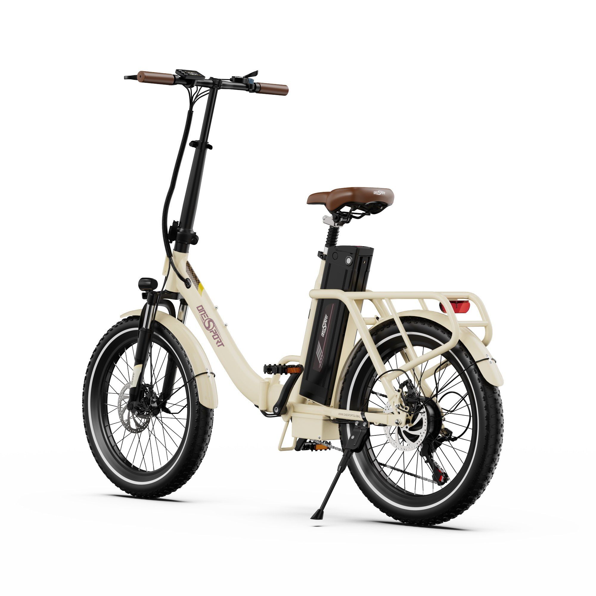 Vélo électrique beige avec guidon noir, selle marron et porte-bagages. Logo ONESPORT visible.