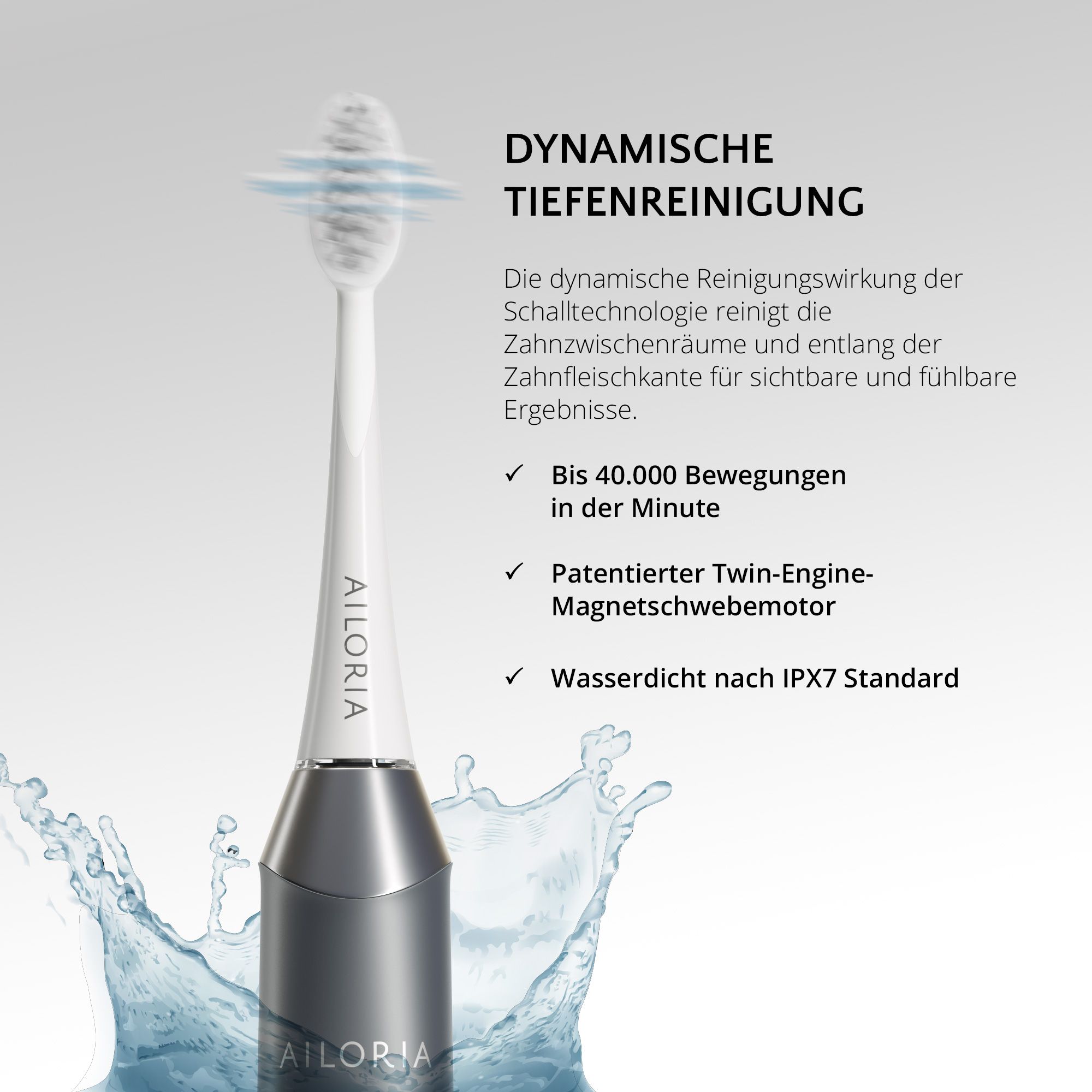 Brosse à dents électrique avec nettoyage en profondeur dynamique. Étanche IPX7. Logo AILORIA.