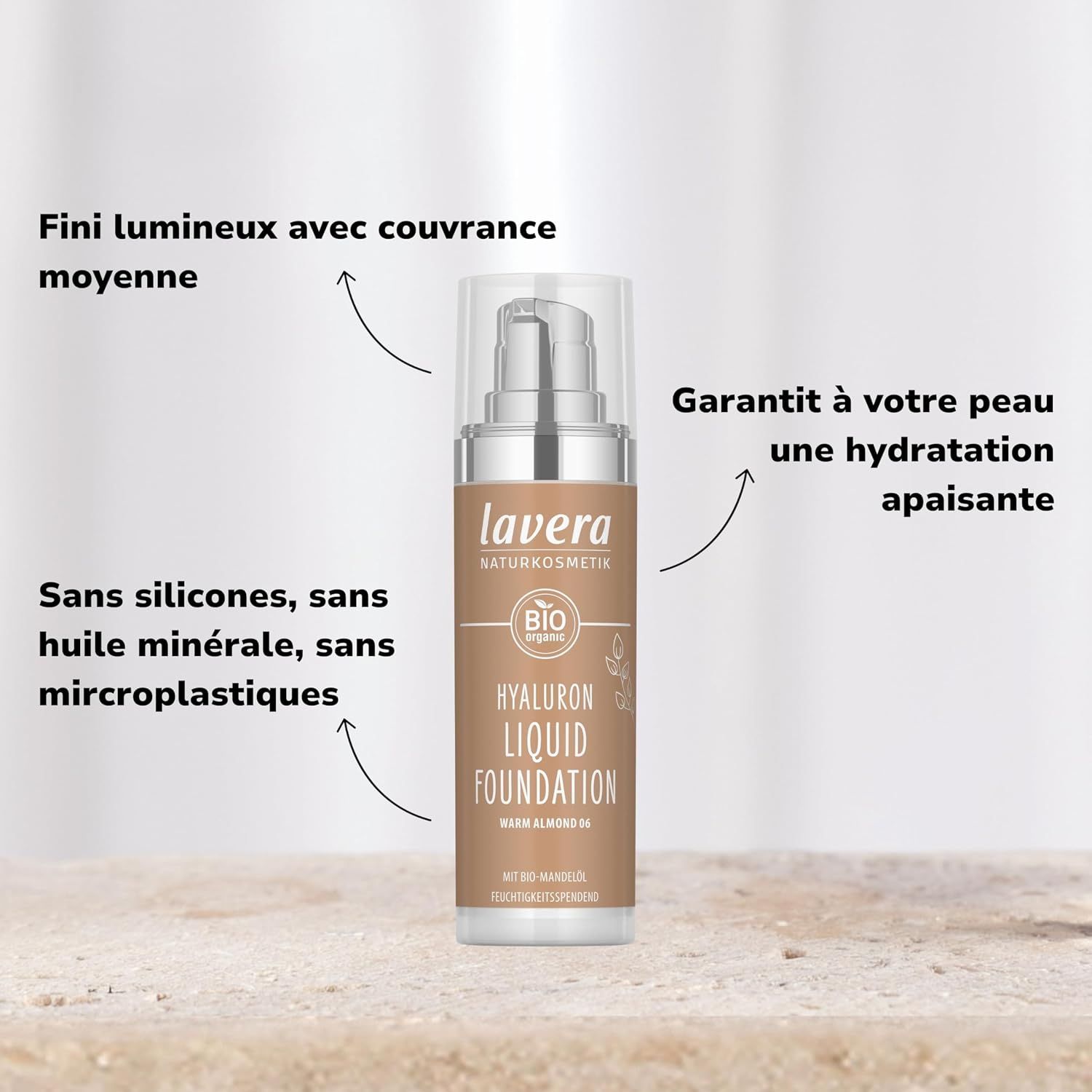 Flacon Lavera Hyaluron Liquid Foundation avec pompe, label Bio.