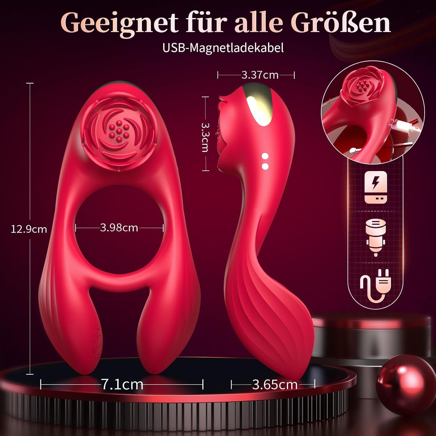 Masseur rouge, 12,9cm de long, 7,1cm de large, anneau intérieur 3,98cm. Détail rose en haut.