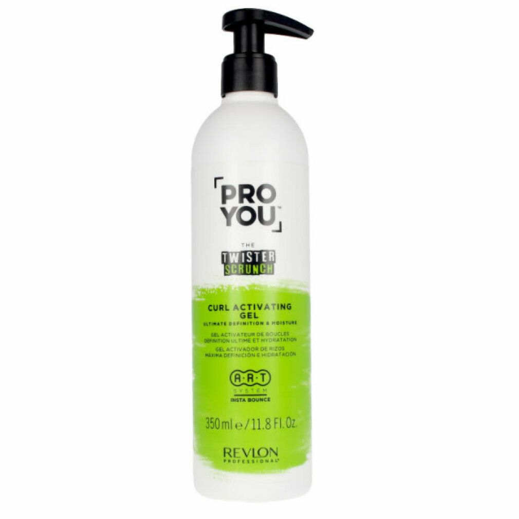 Flacon blanc avec pompe noire. Inscription: Pro You The Twister Scrunch Curl Activator Gel. Détails verts. 350ml.