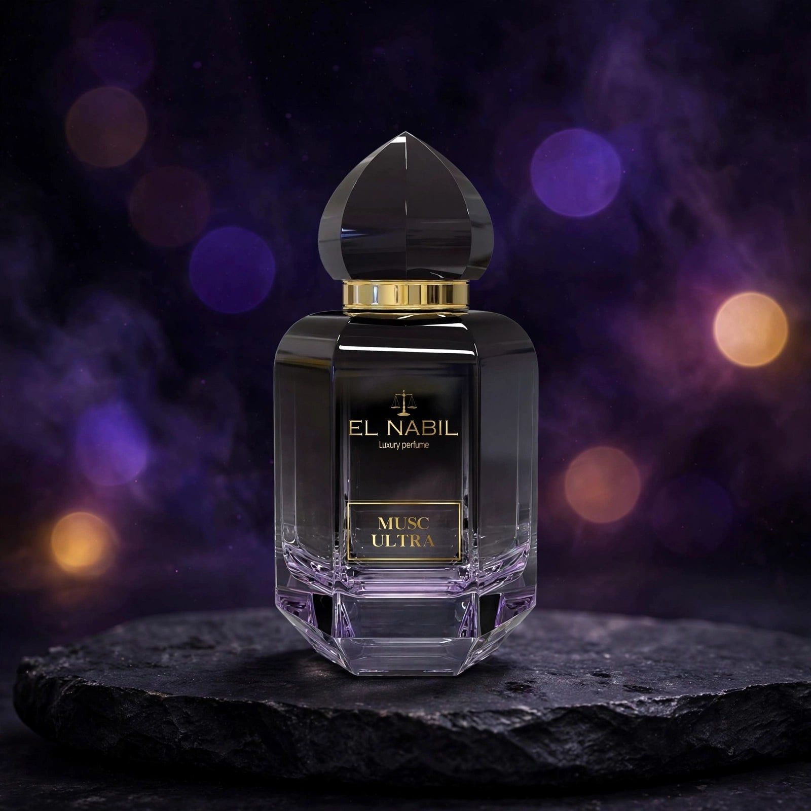 El Nabil Musc Ultra parfumfles, donkerpaars, met gouden ring en facetdop.