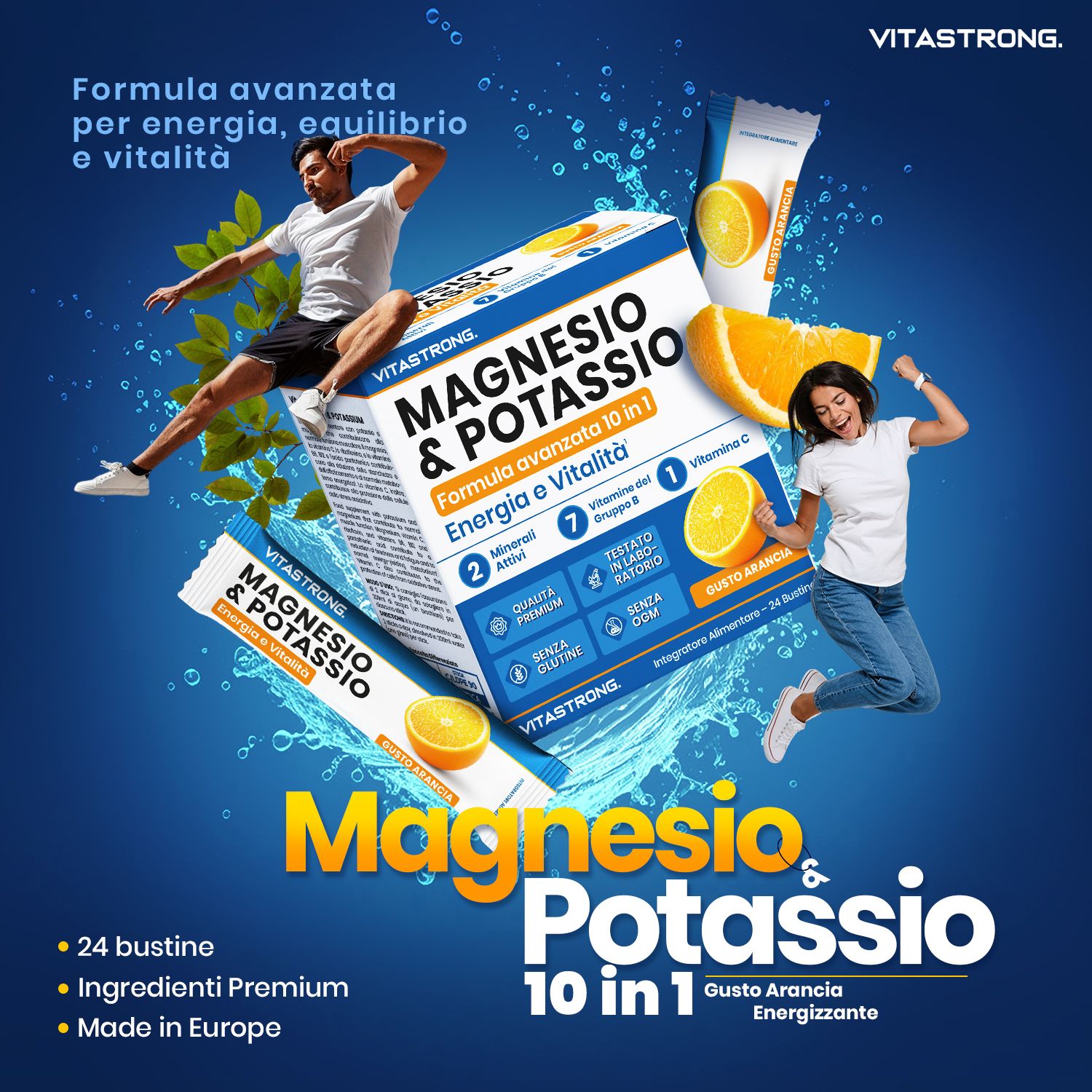 Vitastrong Magnesium & Kalium verpakking en sticks. Bevat 24 zakjes. Met mensen en sinaasappels. Tekst: Energie & Vitaliteit.