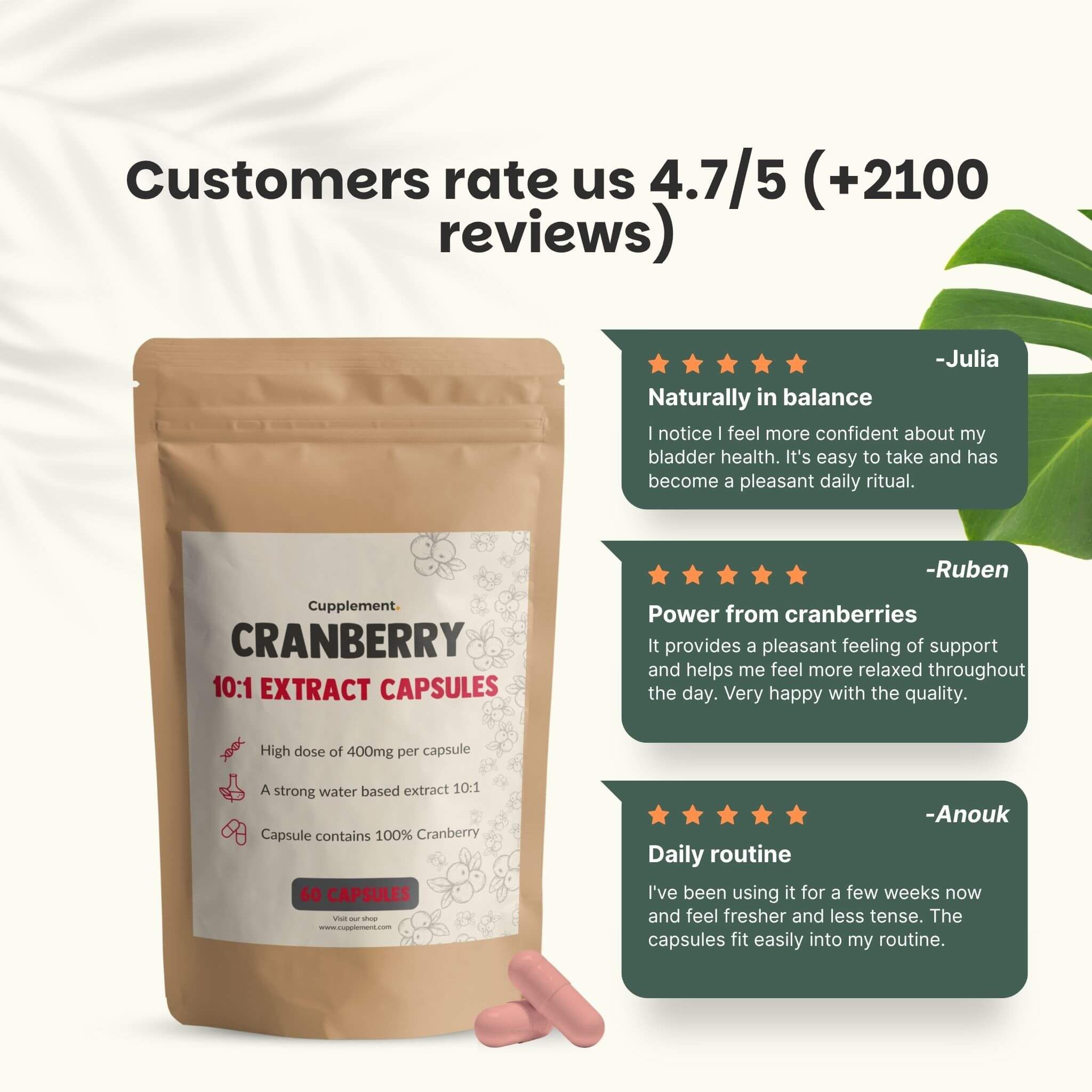 Sachet de gélules de canneberge. Texte: Cranberry 10:1 Extract Capsules. Évaluation 4,7/5 étoiles. 2100+ avis. Gélules rouges à côté.