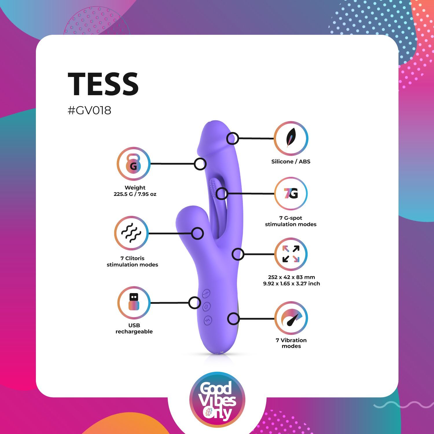 Infographic met productinformatie. Productnaam: Good Vibes Only - Tess. Bevat informatie over gewicht, materialen en modi.