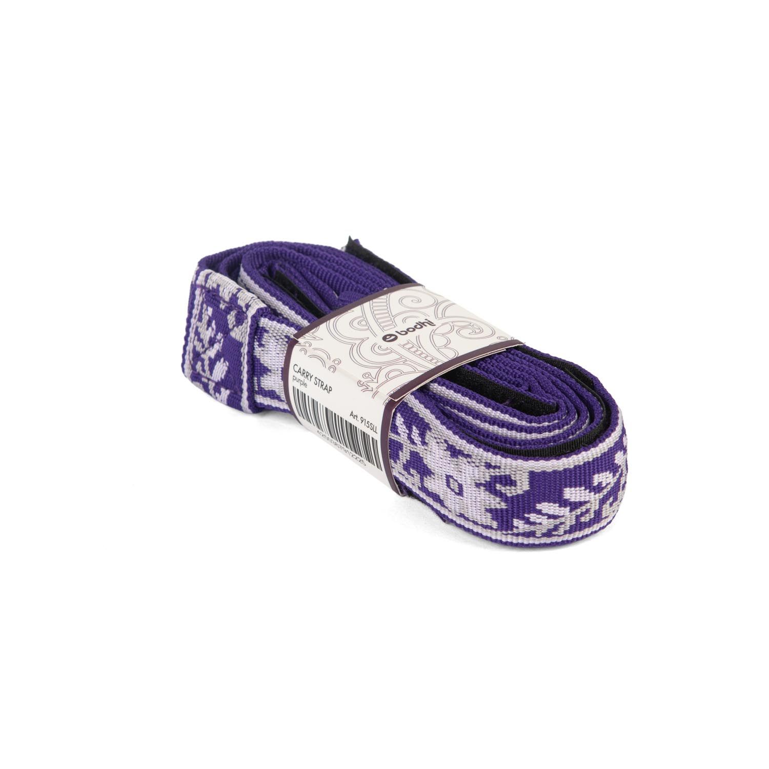 Paarse yogamat draagriem met patroon. Opgerold en verpakt. Met label.