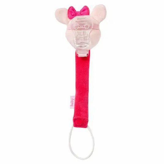 Fopspeenketting met reekop, roze strik, stof, clip en fopspeen. Roze en witte elementen. Met ring en fopspeen.