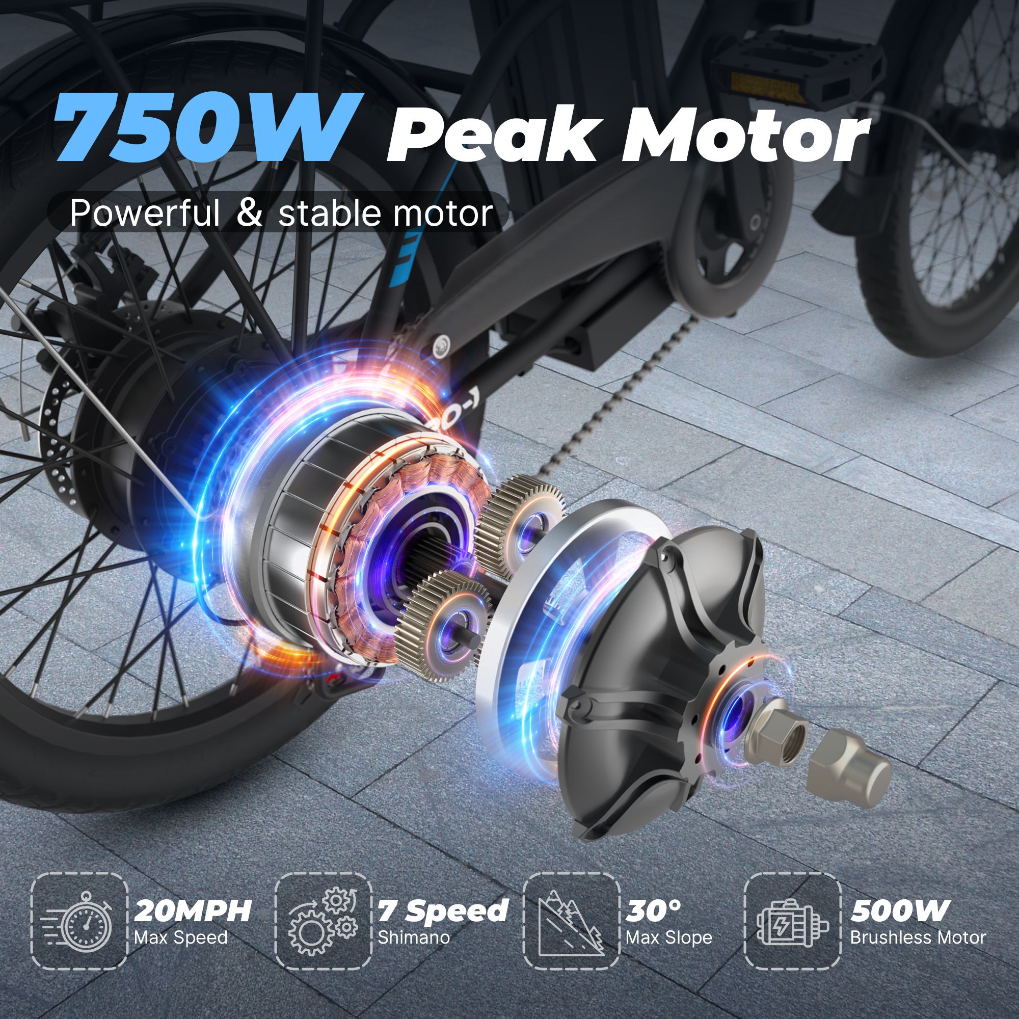 E-bike motor met 750W vermogen. Kenmerken: 20MPH max. snelheid, 7-speed Shimano, 30° helling, 500W borstelloze motor.