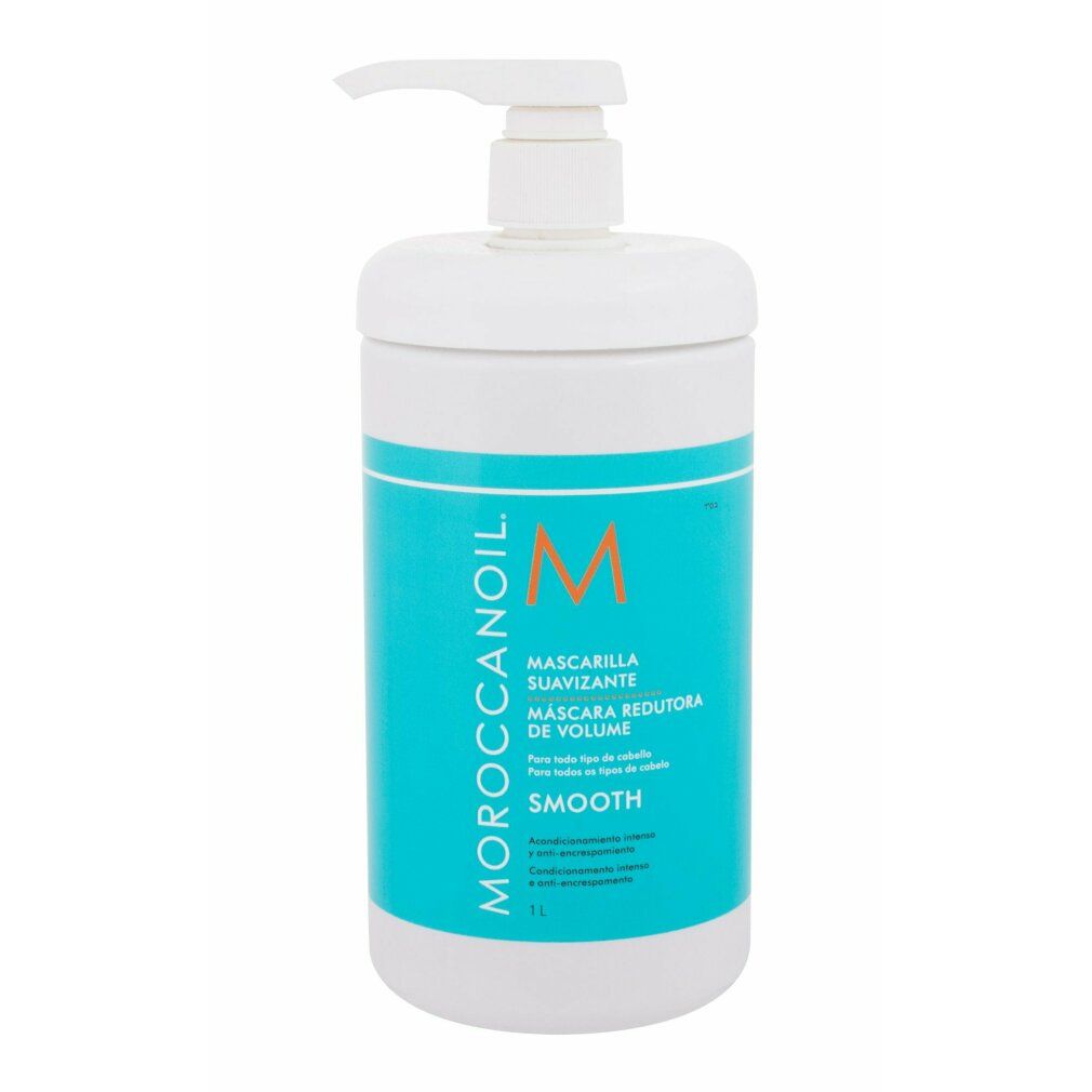 Witte fles met blauw etiket. Opschrift: Moroccanoil, Mascarilla Suavizante, M. Met pomp.