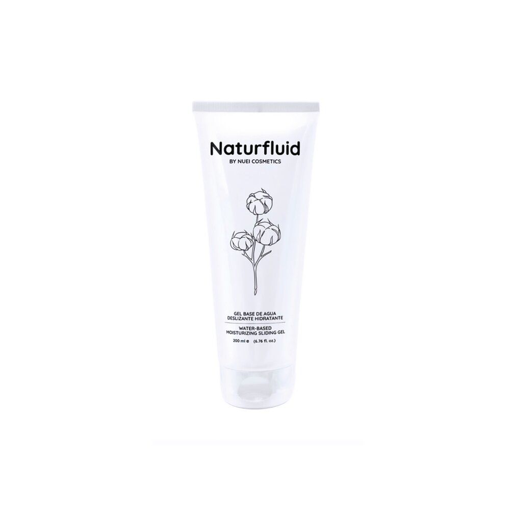 Witte tube Naturfluid met bloemenillustratie en tekst: Waterbasis glijmiddel. 200 ml.