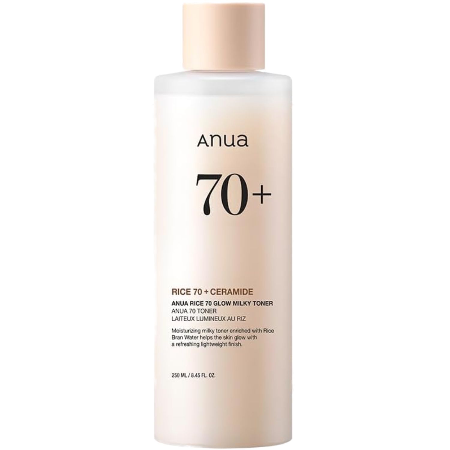 Flacon de toner Anua 70+ avec bouchon beige. Inscription : Rice 70 + Ceramide, Milky Toner. Contenance visible.