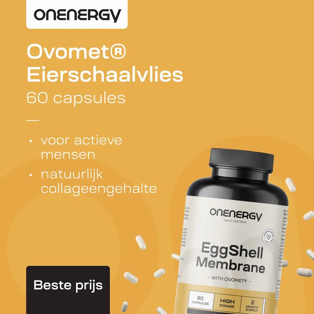 Fles EggShell Membrane Ovomet® met 60 capsules, voor actieve mensen, natuurlijke collageeninhoud.