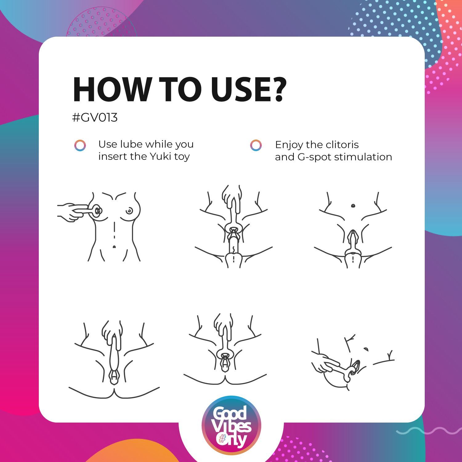 Infographie : illustrations de l'utilisation du produit de bien-être. Instructions avec texte et pictogrammes. Fond : cadre blanc.