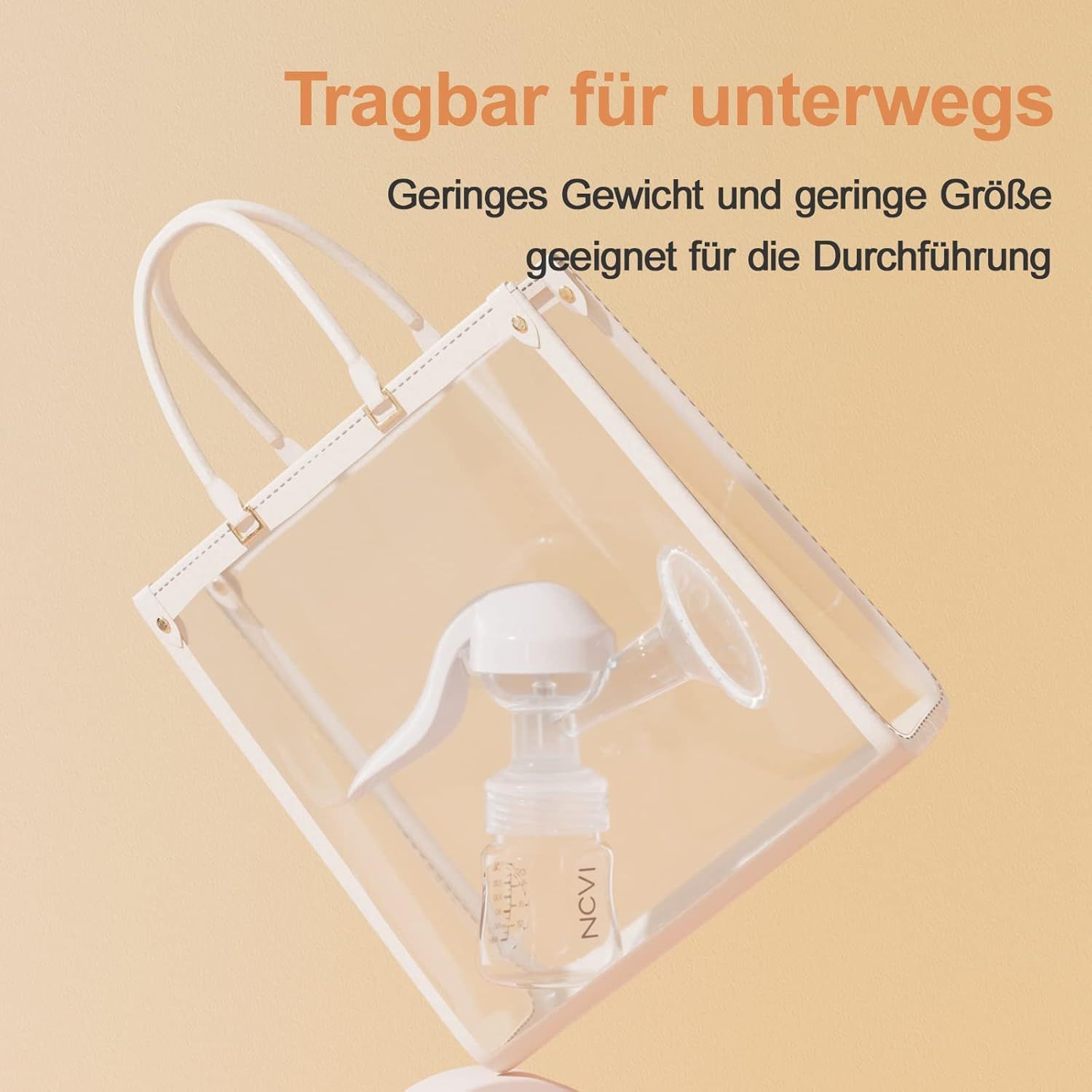 Tire-lait manuel blanc dans un sac fourre-tout transparent. Compact et portable.