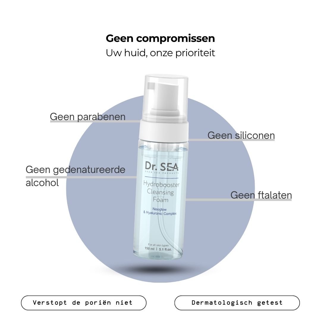 Productfles met tekst en infographic. Tekst: Sterke ingrediënten. Ingrediënten: Druivenpitolie, Vitamine E, NEOGLOW.