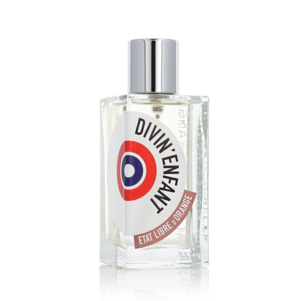 Parfumfles met zilveren dop. Heldere vloeistof. Logo en tekst op de fles.