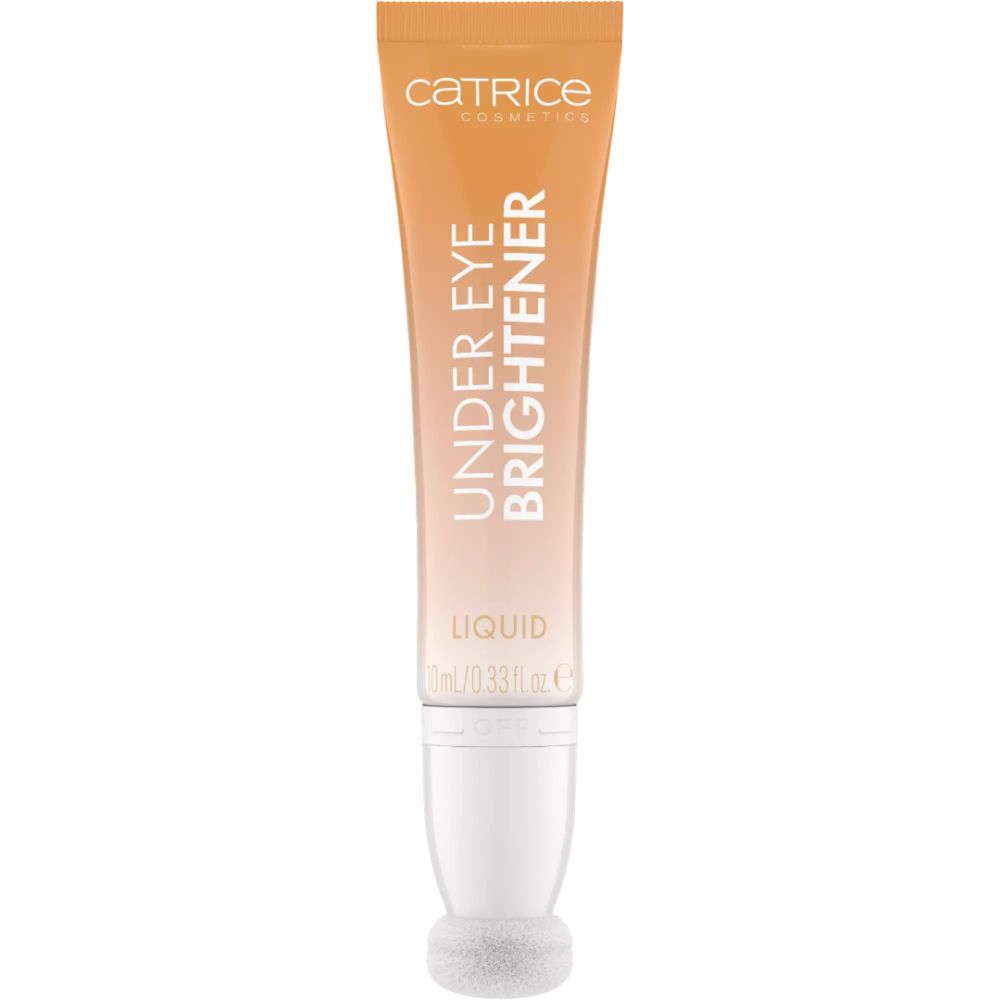 Tube de correcteur liquide. Teinte orangée, applicateur blanc. Inscription : Catrice, Under Eye Brightener, Liquid.