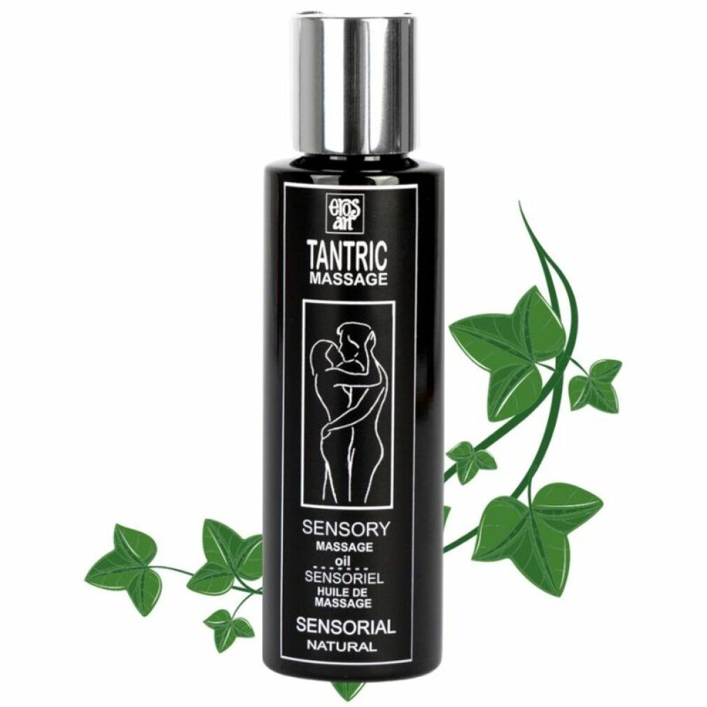 Bouteille noire d'huile de massage tantrique, bouchon argenté. Illustration d'un couple. Feuilles vertes.