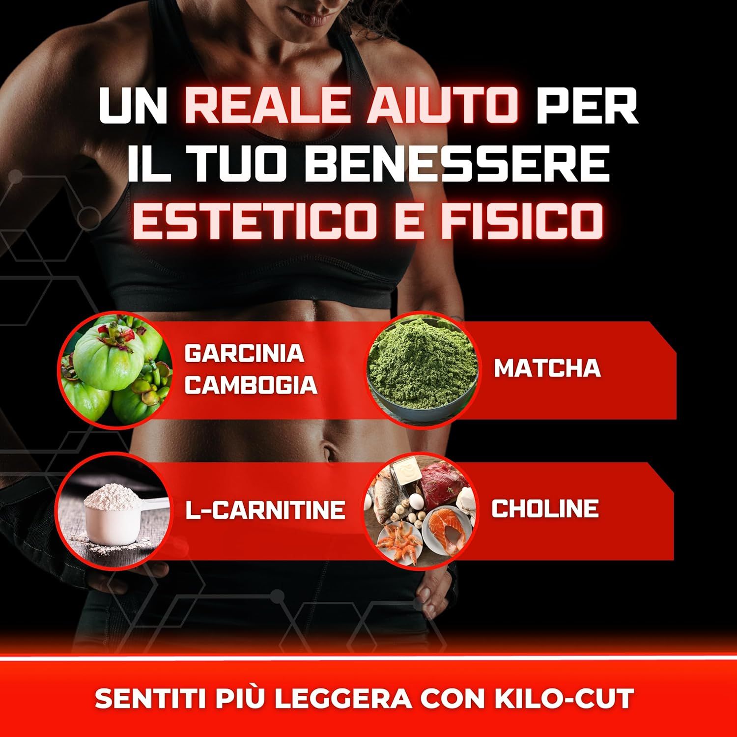 Ingrediënten: Glucomannan, Nopal-cladodes, Chroom. Man met getraind lichaam. Blauwe cirkels met tekst.