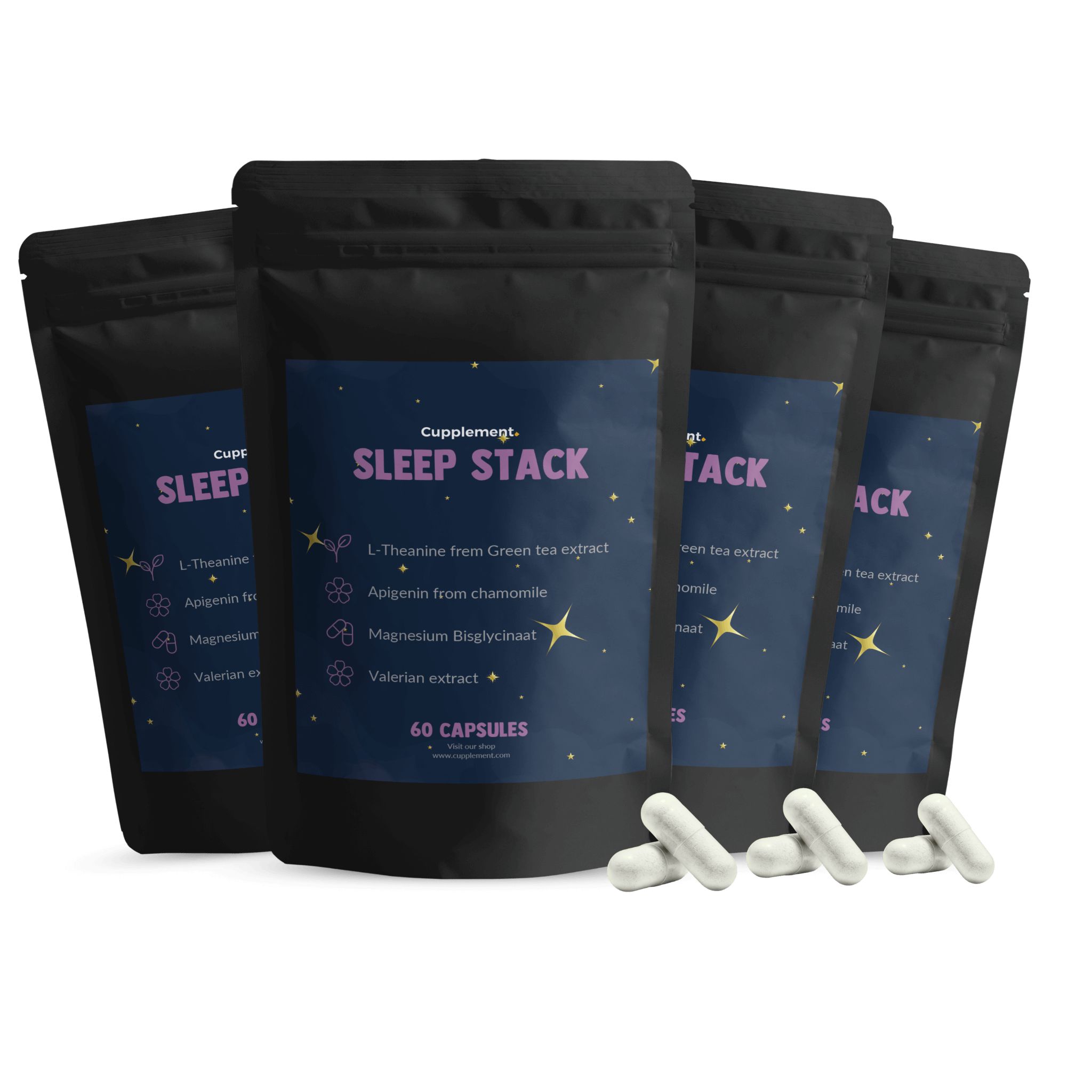 Zwarte zakjes met "SLEEP STACK". Witte capsules. Bevat 60 capsules.