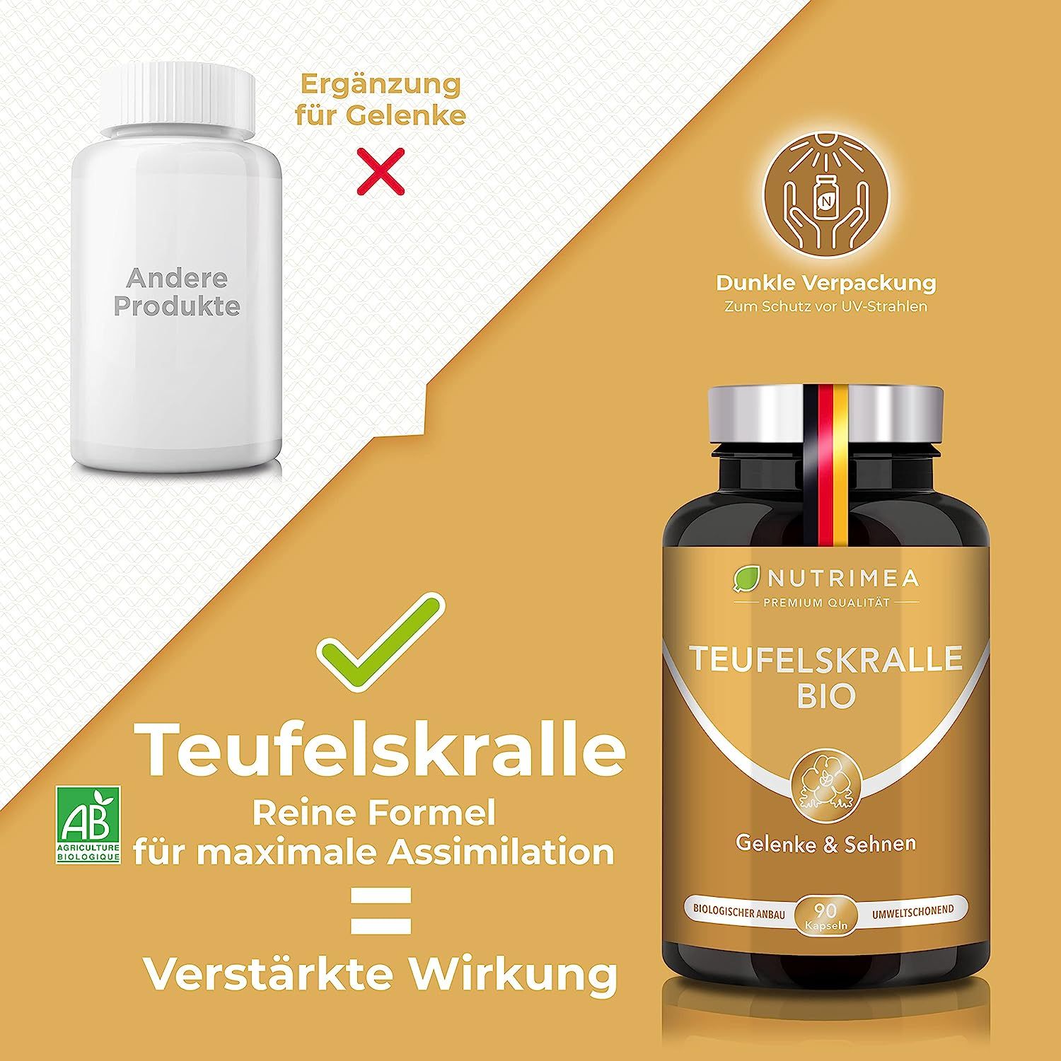 Vergelijking: Teufelskralle BIO vs. ander product. Teufelskralle BIO in fles met Duitse vlag. AB-Bio-keurmerk. Versterkt effect.