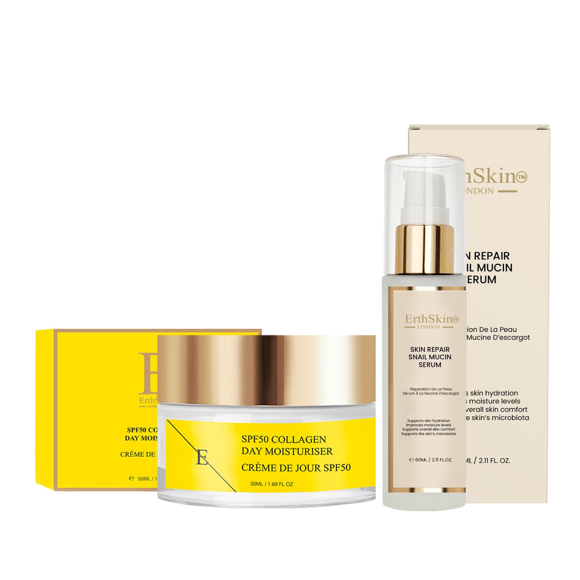 ErthSkin London Sérum réparateur à la bave d'escargot + Crème de jour au collagène SPF 50