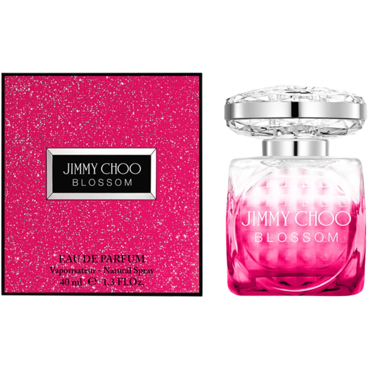 Jimmy Choo Blossom e.d.p. Spray. Fles met zilveren dop en roze kleurverloop. Roze verpakking met logo.
