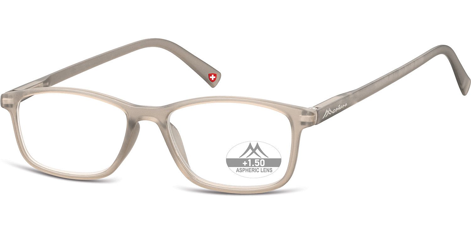 Lunettes rectangulaires grises. Inscription "+1.50 ASPHERIC LINE" sur le verre. Croix suisse sur la branche.