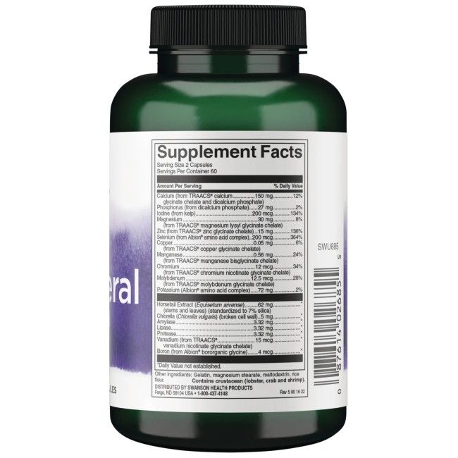 Flacon vert de SWANSON Multi-Mineral sans fer Albion. Informations nutritionnelles au dos. Contient des minéraux et ingrédients.