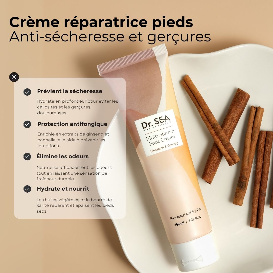 Tube de crème "Dr. SEA Multivitamin Foot Cream" avec bâtons de cannelle. Texte : Crème réparatrice pieds Anti-sécheresse et gerçures.