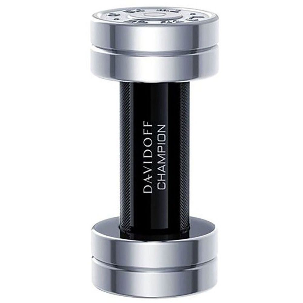 Davidoff Champion Eau de Toilette fles in haltervorm met zilveren gewichten en zwart middengedeelte.
