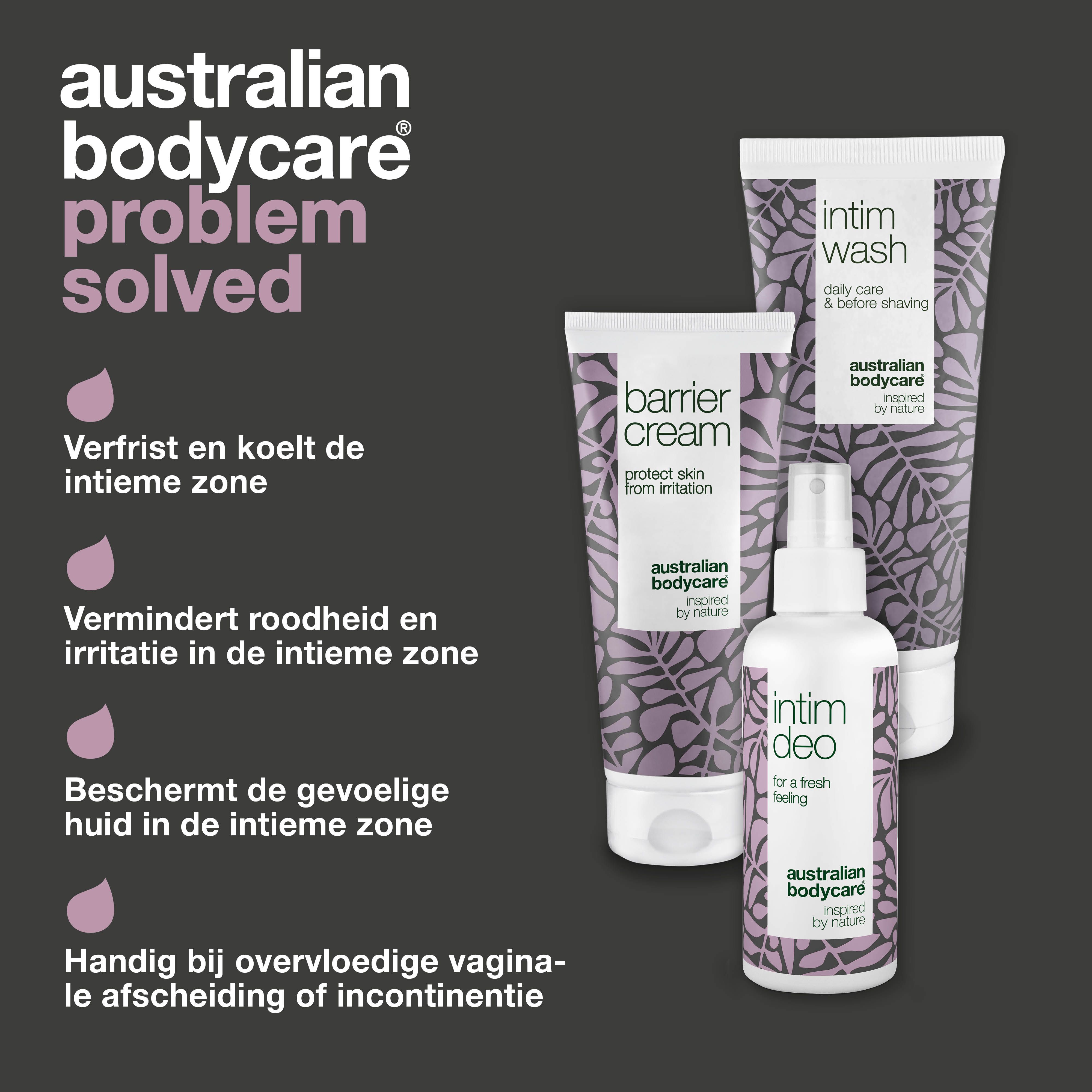 Productafbeelding met tekst. Producten: Intim Wash, Barrier Cream, Intim Deo. Tekst: Intieme zeep. Merk: Australian Bodycare.