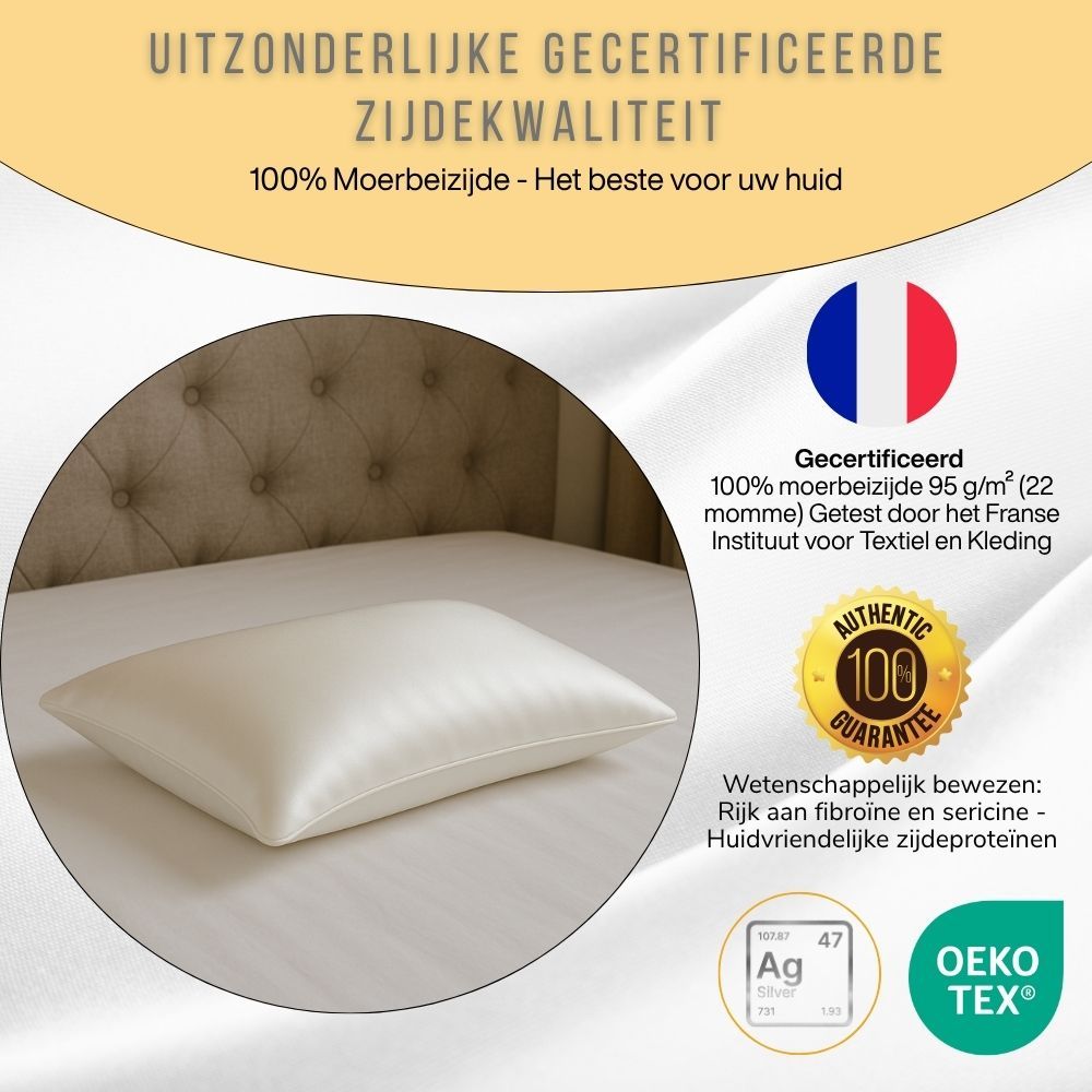 Crèmekleurige zijden kussensloop. Tekst en afbeeldingen met productvoordelen.