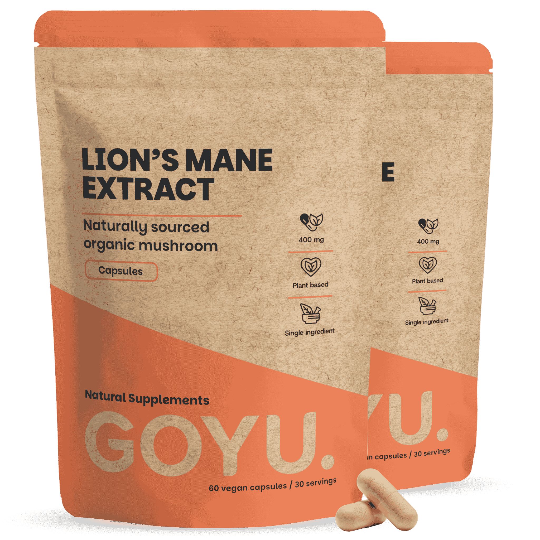 Deux paquets de capsules d'extrait de crinière de lion, marron avec inscription orange.