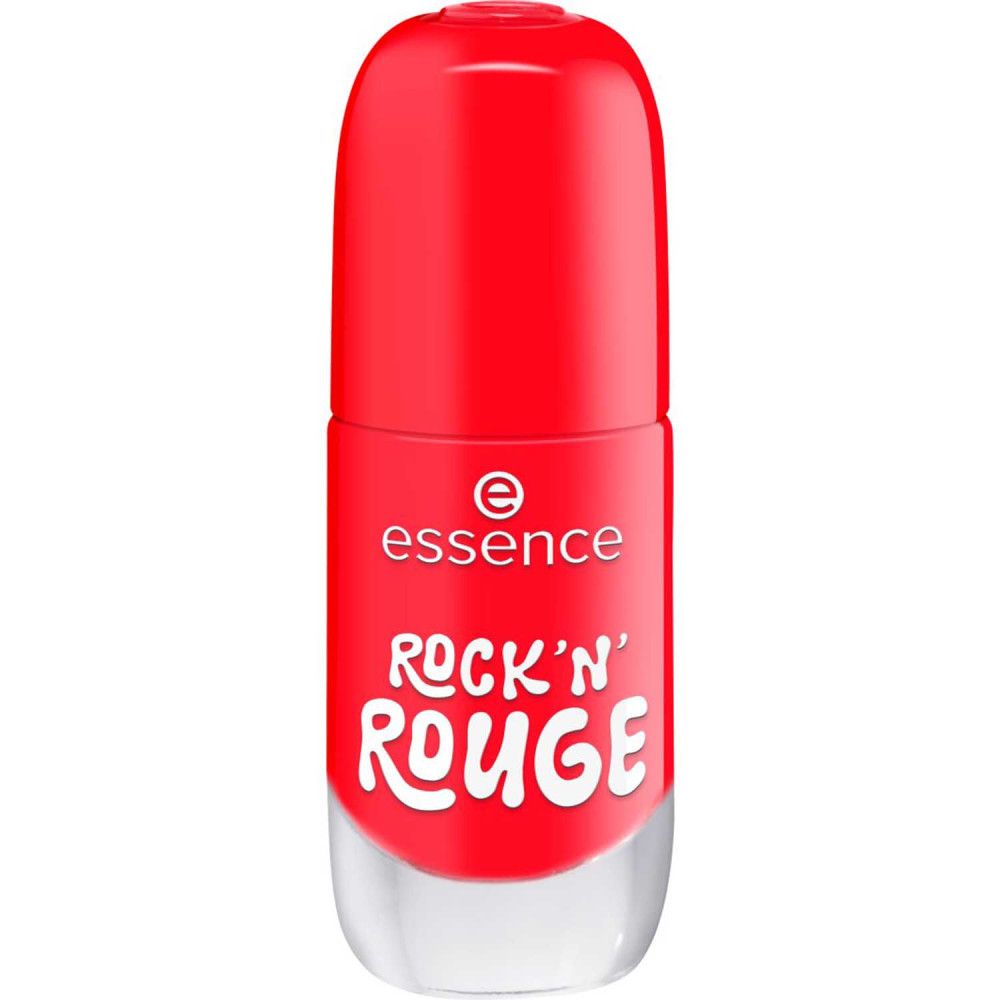 Rode nagellak, fles gesloten. Merk "essence", tekst "ROCK'N' ROUGE".