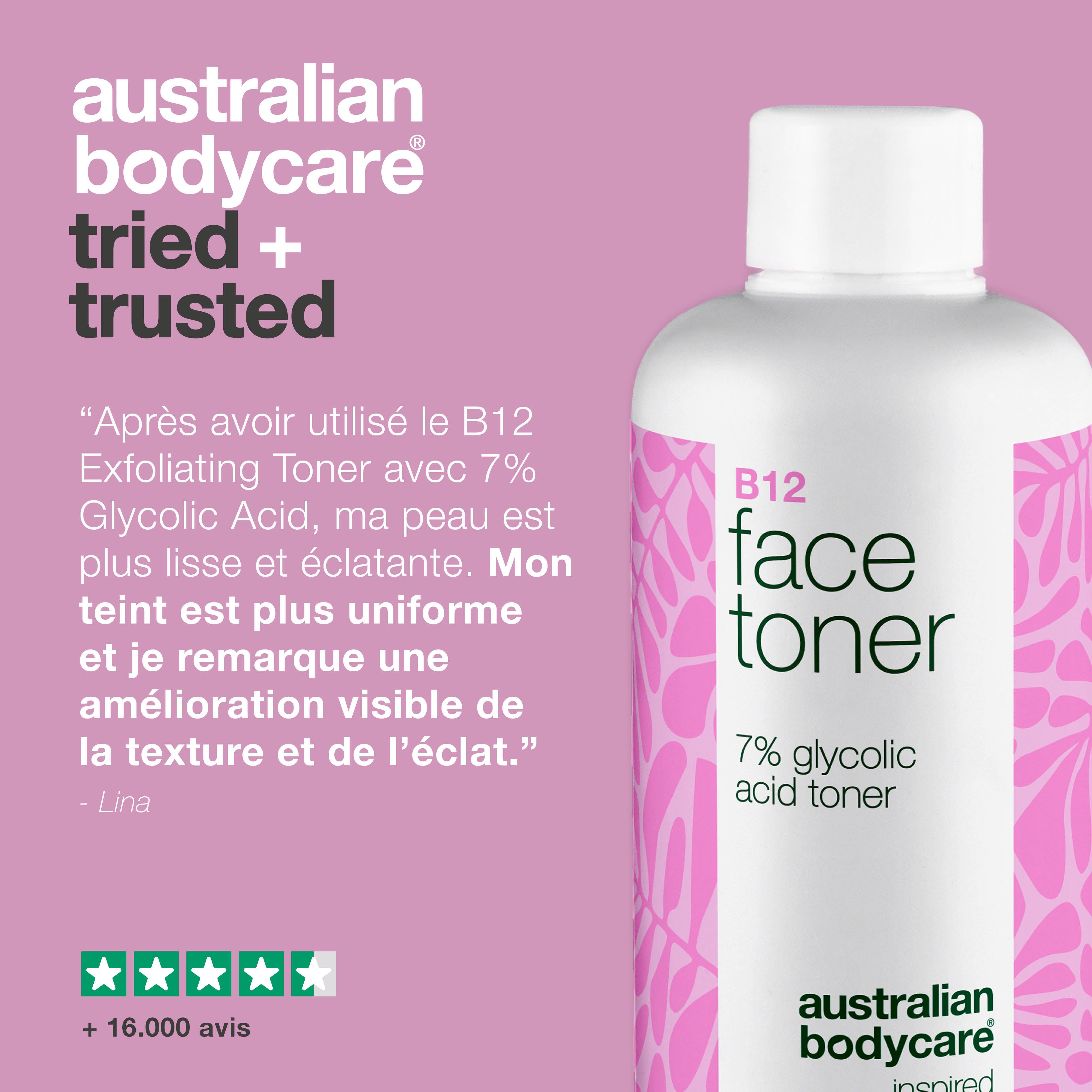 Flacon B12 Face Toner. Texte : Australian Bodycare, tried + trusted. Texte : +16 000 avis.