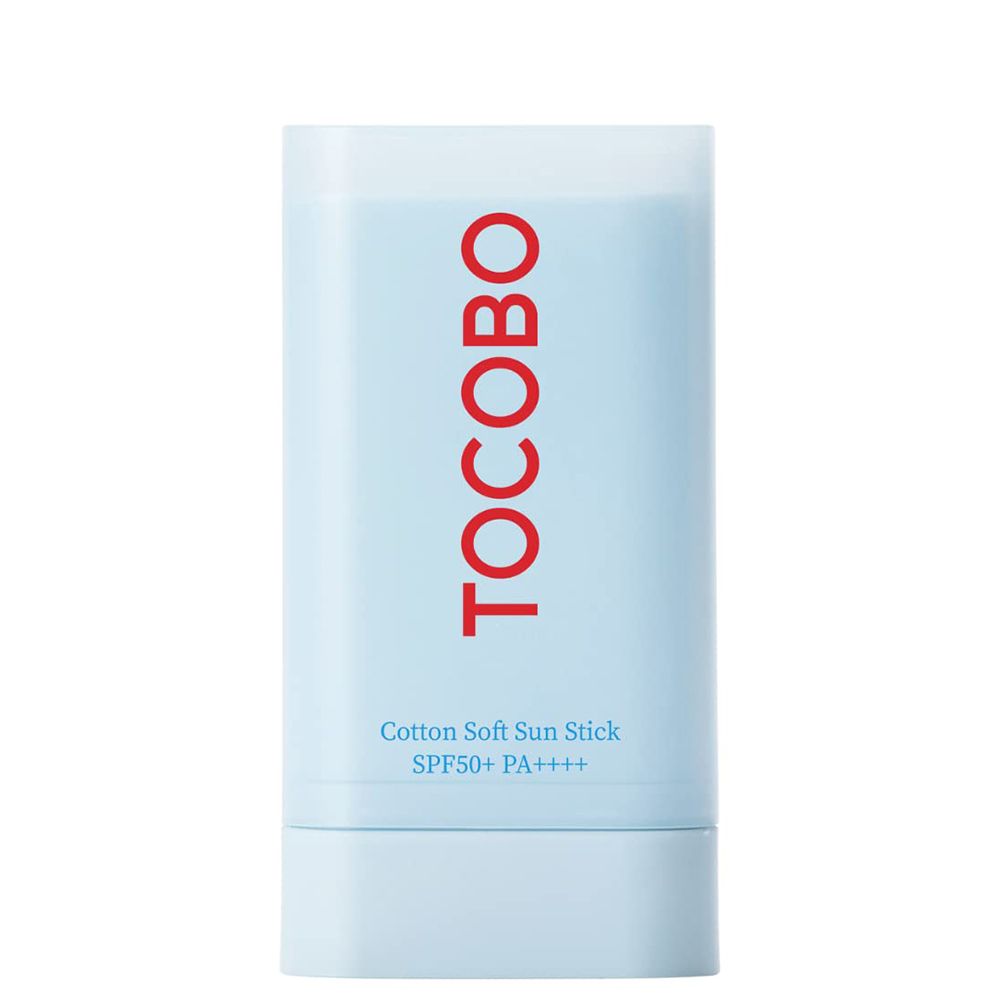 TOCOBO Cotton Soft Sun Stick, SPF50+ PA++++. Lichtblauwe stick met rode merknaam.