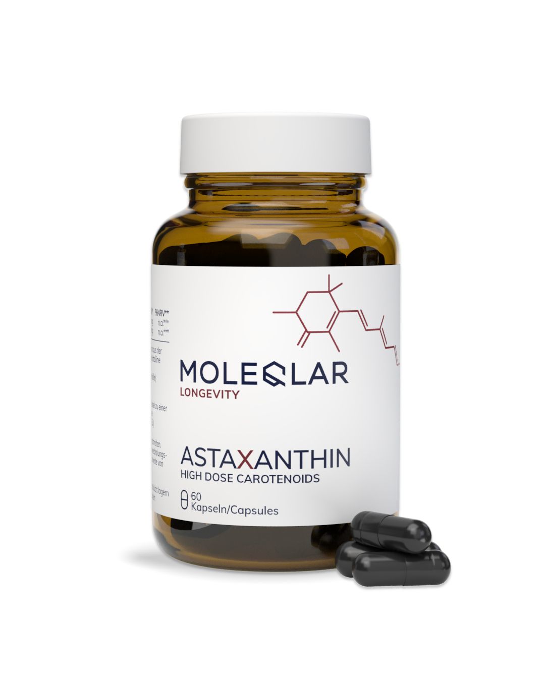Bouteille en verre brun avec bouchon blanc, contenant des gélules foncées. Étiquette MoleQlar Astaxanthin.