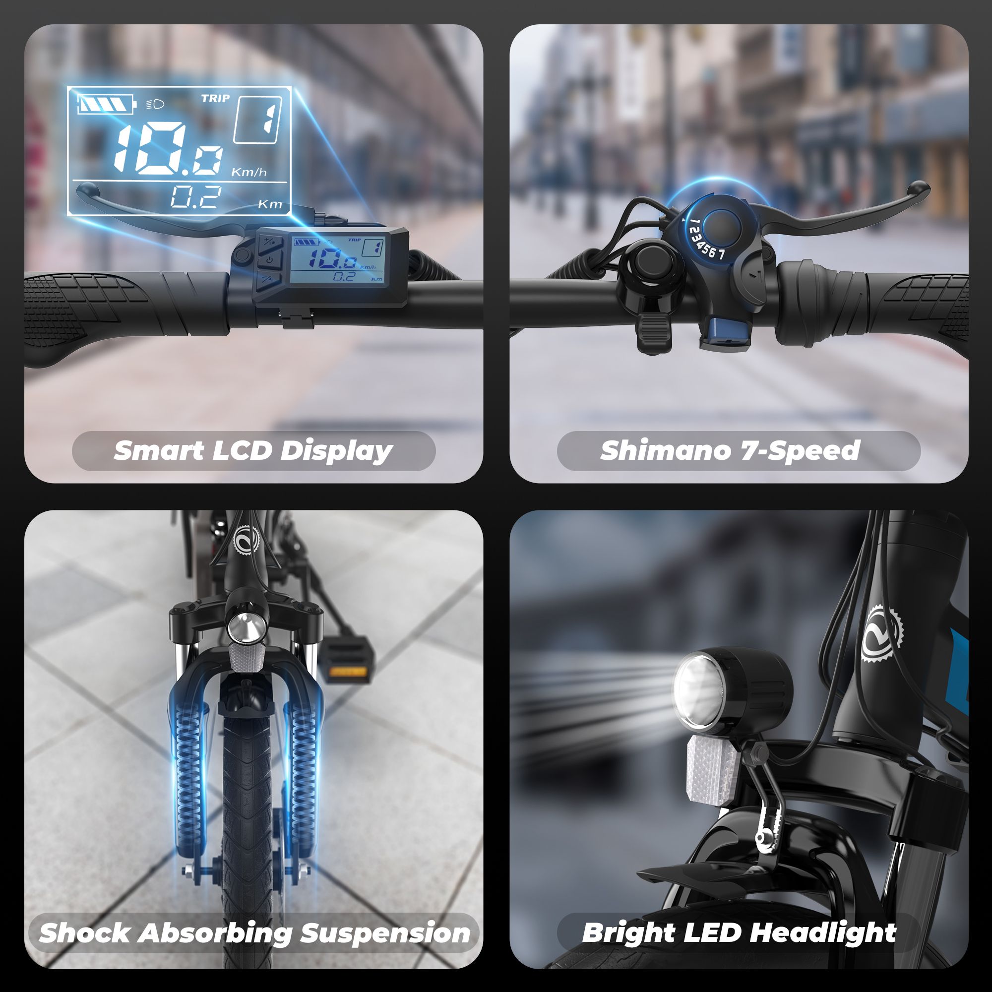 Close-ups van e-bike componenten: LCD-scherm, Shimano 7-speed, vering, LED-koplamp. VARUN-logo zichtbaar.