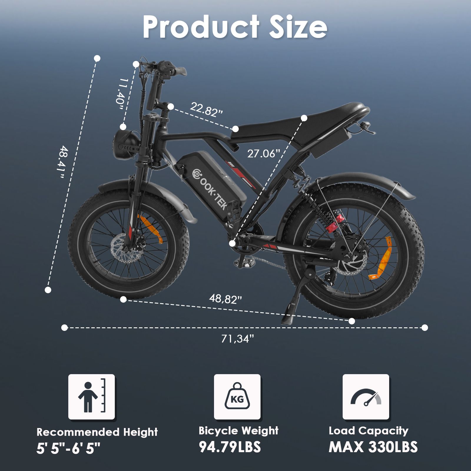 Vélo électrique avec dimensions. Dimensions en pouces. Taille recommandée, poids du vélo, charge maximale.