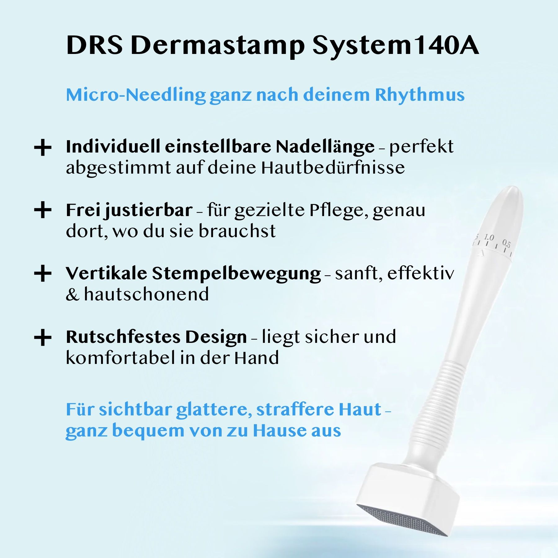 Witte Derma Stamp met tekst. Tekst: Individueel instelbare naaldlengte, antislip ontwerp.