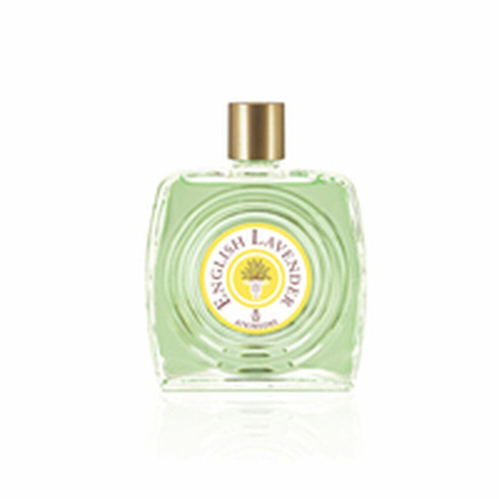 Atkinsons English Lavender Eau de Toilette. Flacon carré, vert clair. Étiquette jaune avec texte et logo. Bouchon doré.