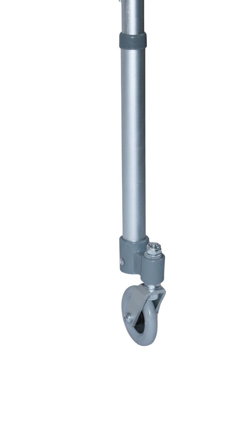 Detail van de rollator. Enkel voorwiel, grijs. In hoogte verstelbaar.