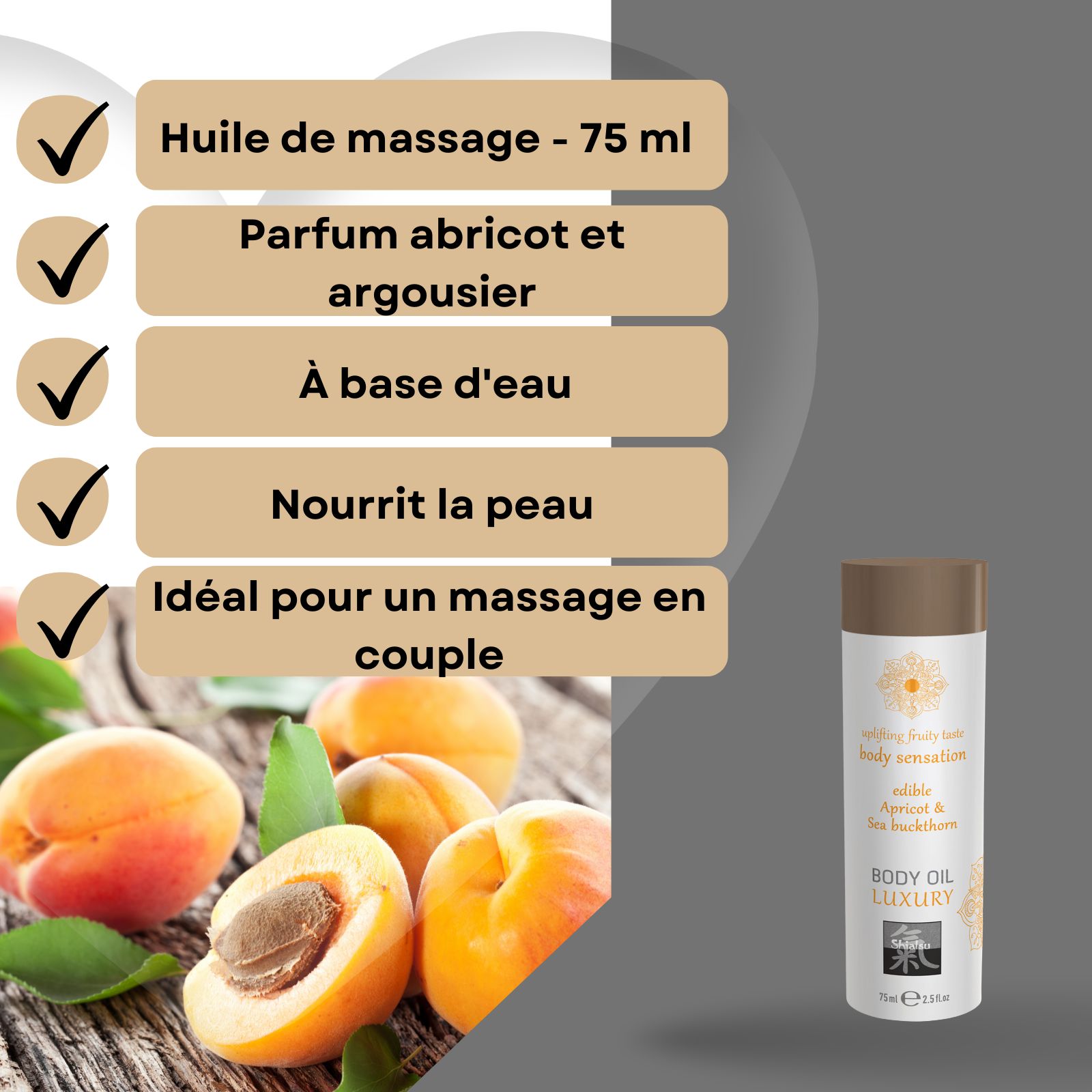 Flacon Shiatsu Body Oil Luxury à côté d'abricots frais.